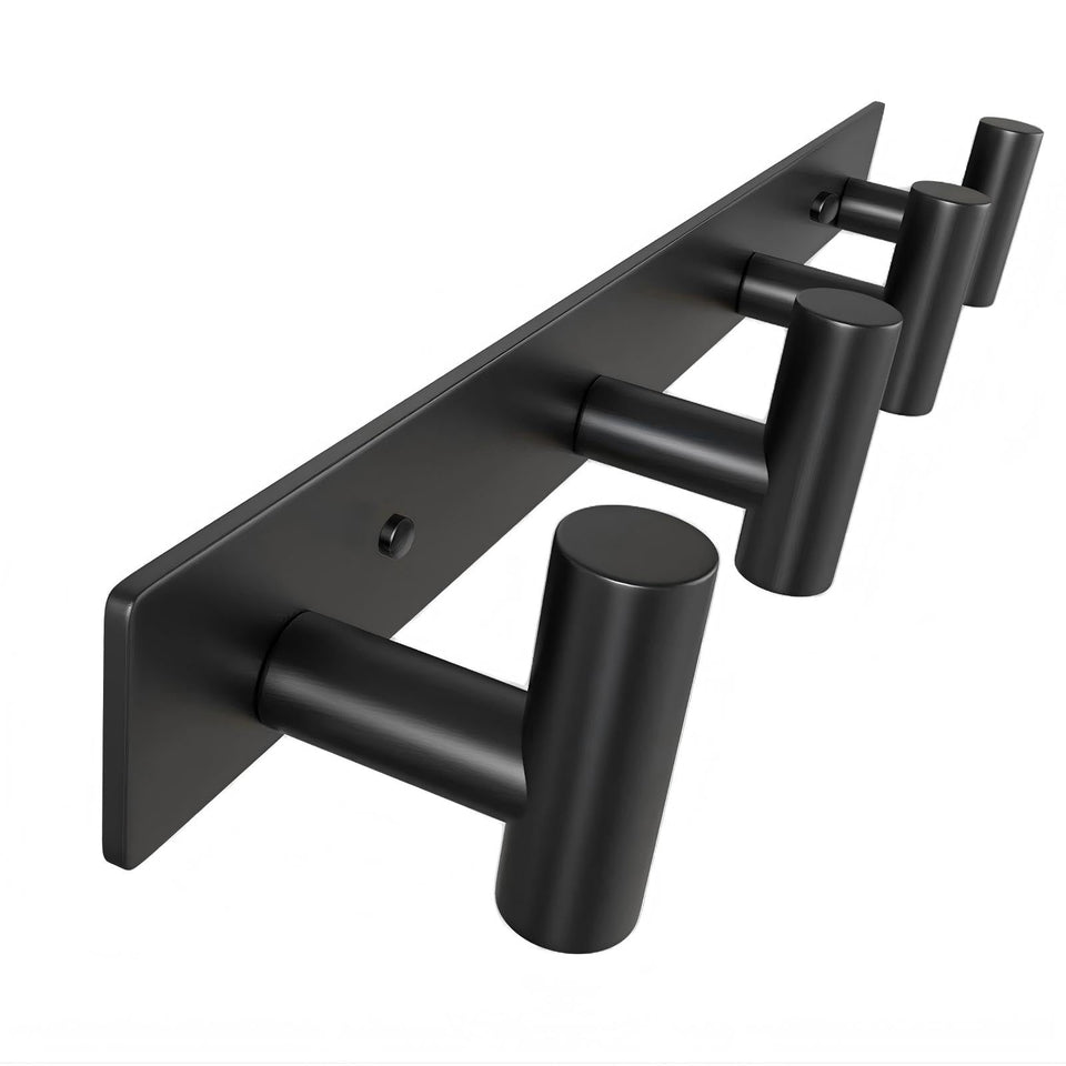VINHOLD wall mounted coat rack with four hooks in stainless steel, ideal for coats and towels.