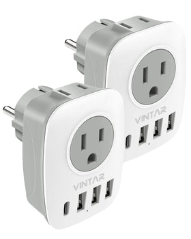 VINTAR 2-pack Type E/F plug adapter front view, ideal for international trips.