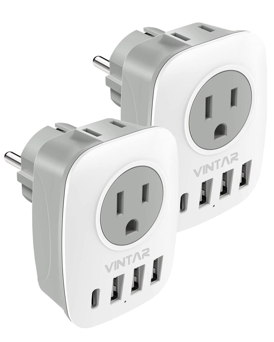 VINTAR 2-pack Type E/F plug adapter front view, ideal for international trips.