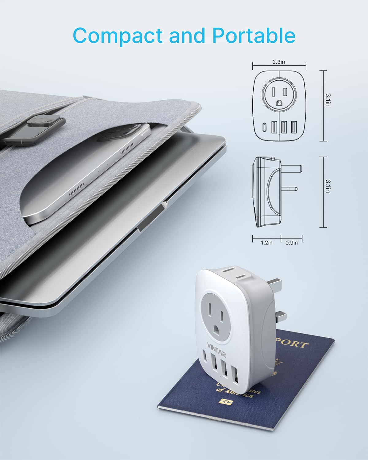VINTAR 6-in-1 UK power adapter with multiple ports for travel use.