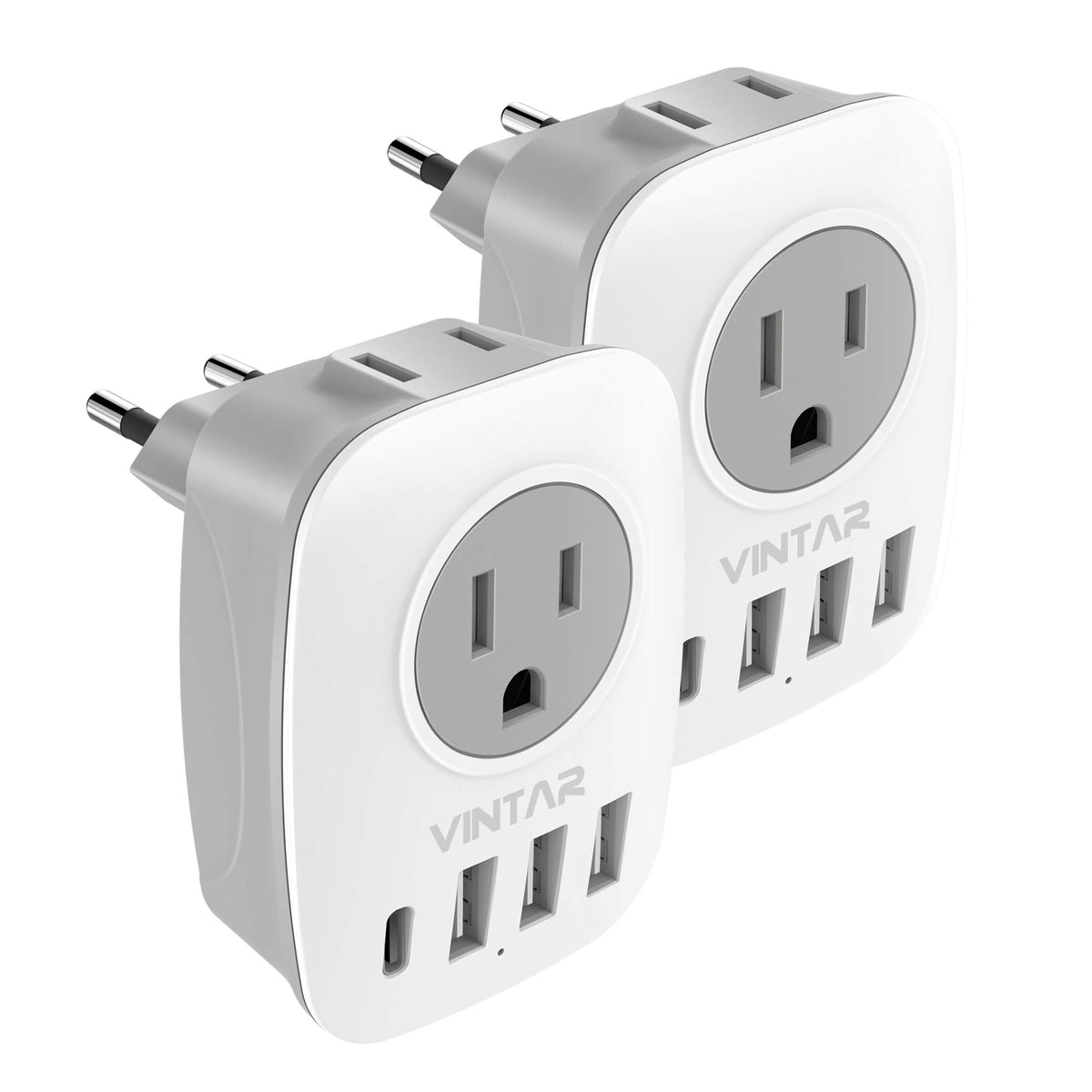 VINTAR 6-in-1 EU adapter front view for reliable travel charging.