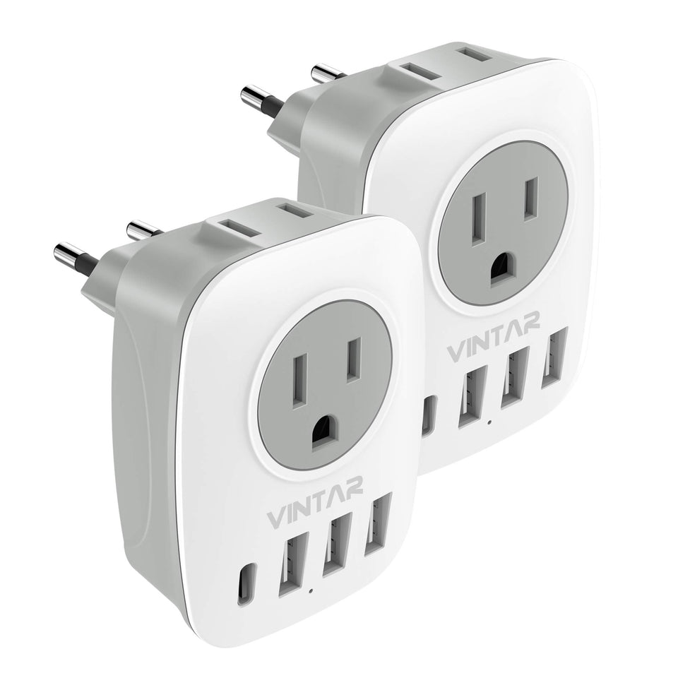 VINTAR 6-in-1 EU adapter front view for reliable travel charging.