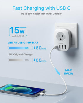 VINTAR 6-in-1 EU adapter USB-C port in use for fast device charging.
