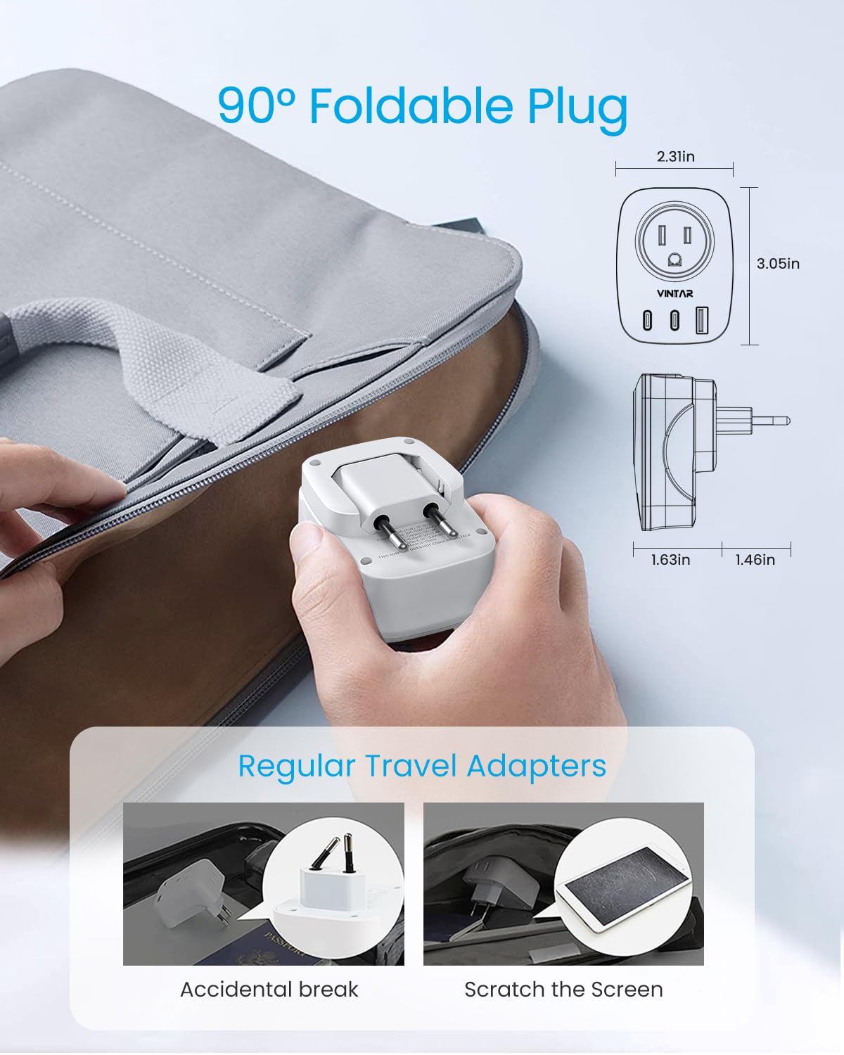 VINTAR dual USB-C ports power phones and tablets simultaneously.
