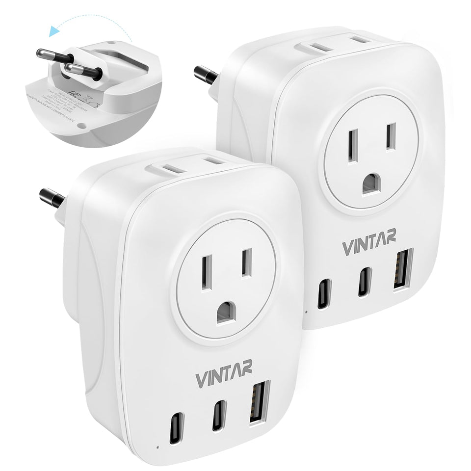 VINTAR foldable EU plug shown for easy packing on trips.