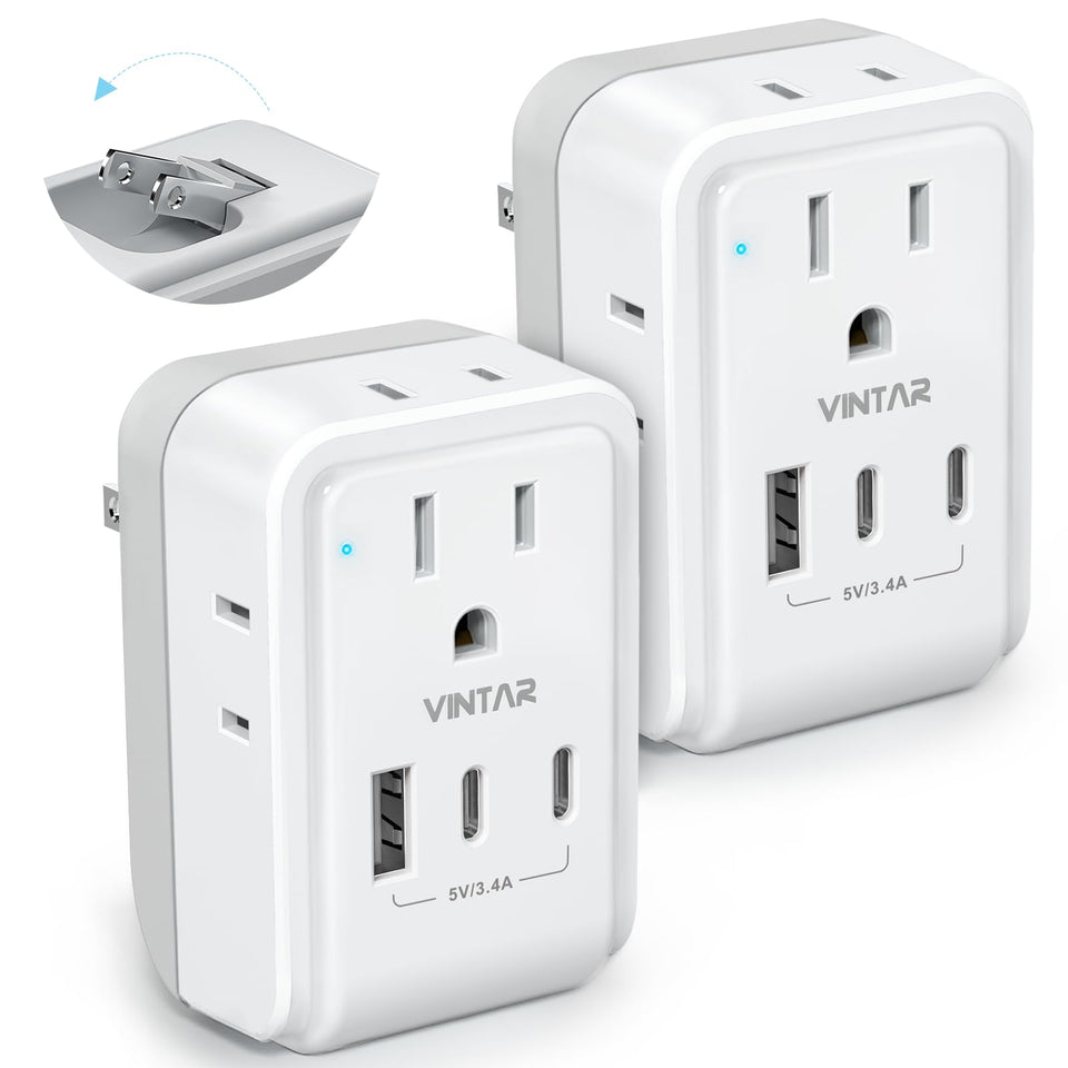 VINTAR foldable japan power adapter with 4 outlets and 3 USB ports for versatile charging.