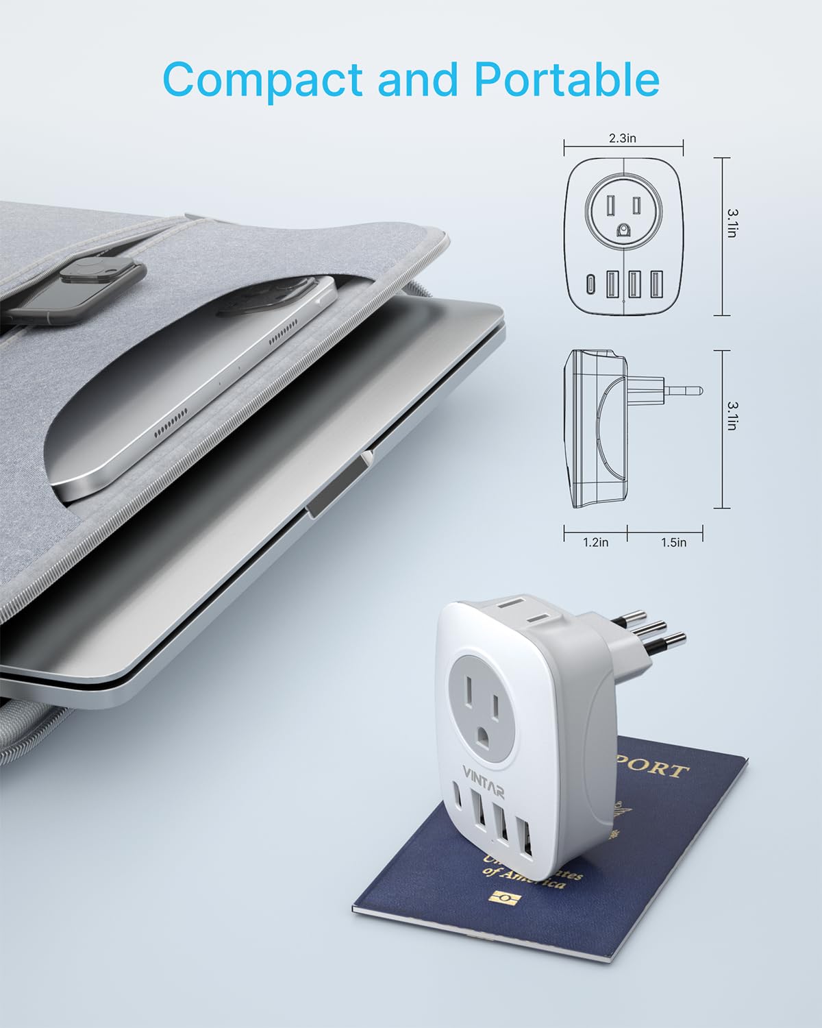 VINTAR 6-in-1 travel adapter powering devices in hotel rooms and beyond.