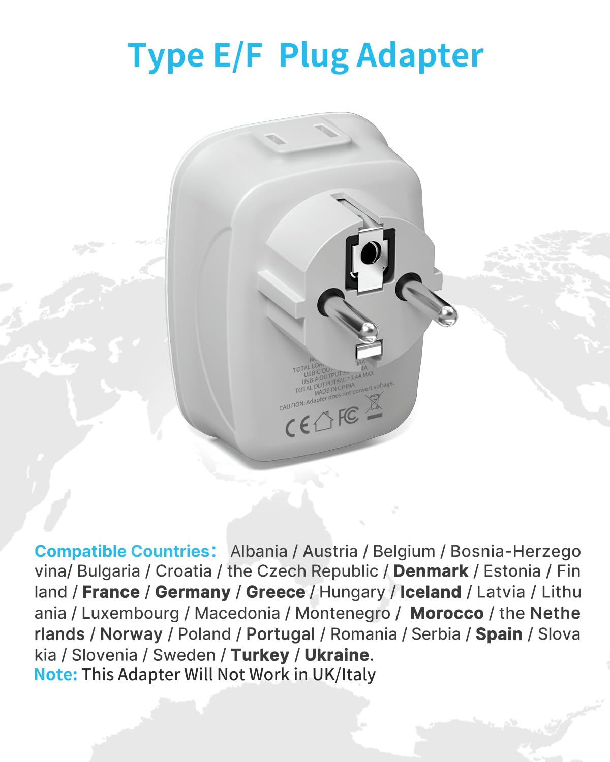 VINTAR Type E/F EU plug adapter side angle, showcasing compact housing for travel.