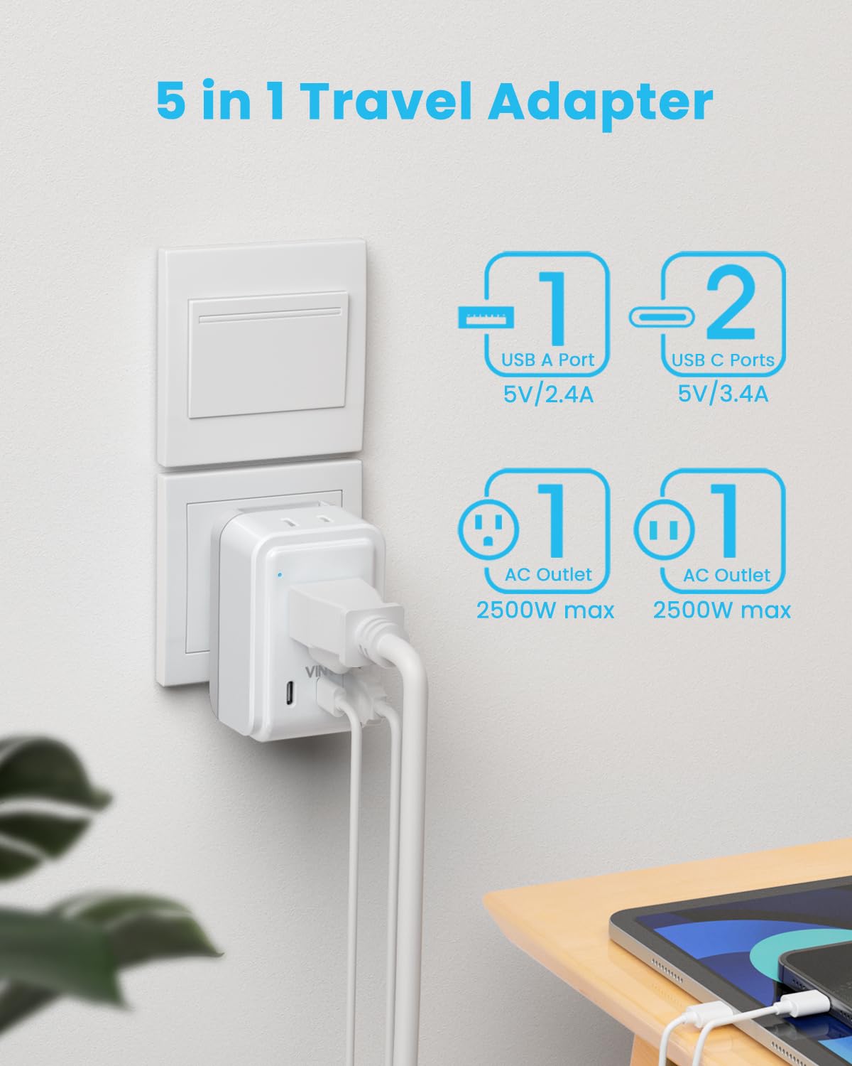 VINTAR dual USA sockets power two devices at once.