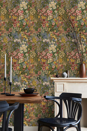 Vintique Floral wallpaper bold color palette creates a striking focal point.