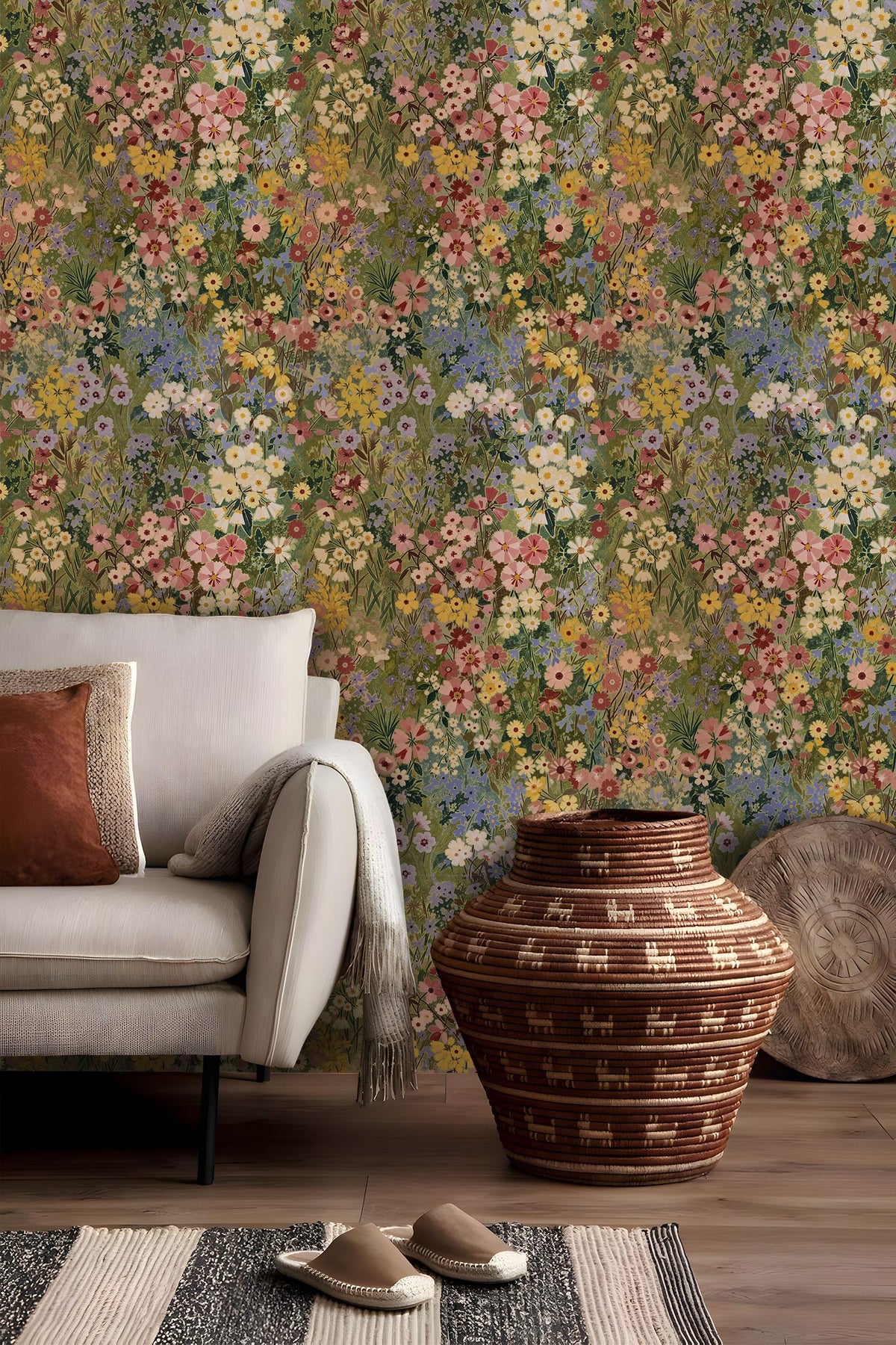 Vintique peel-and-stick boho wallpaper showcases abstract floral and grass motifs