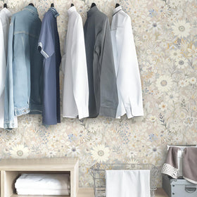 Vintique wallpaper gray yellow blue colorway offers versatile palette.
