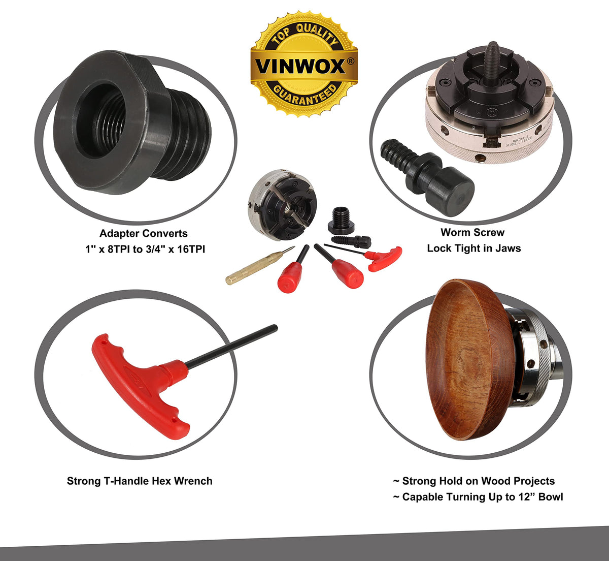 VINWOX 2-inch dovetail jaws mounted for bowls and cups securely.