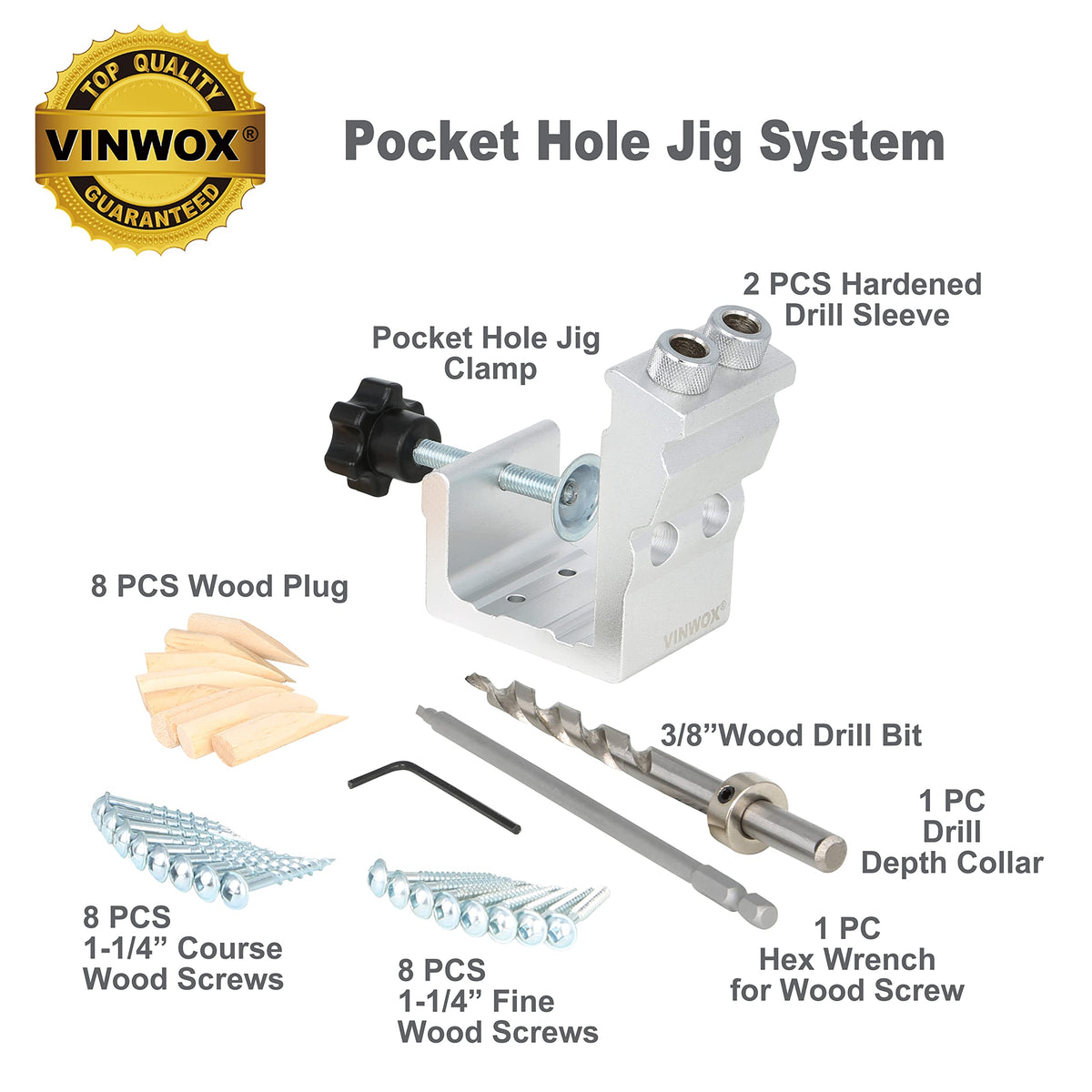VINWOX hardened steel drill guides ensure accurate pocket holes.