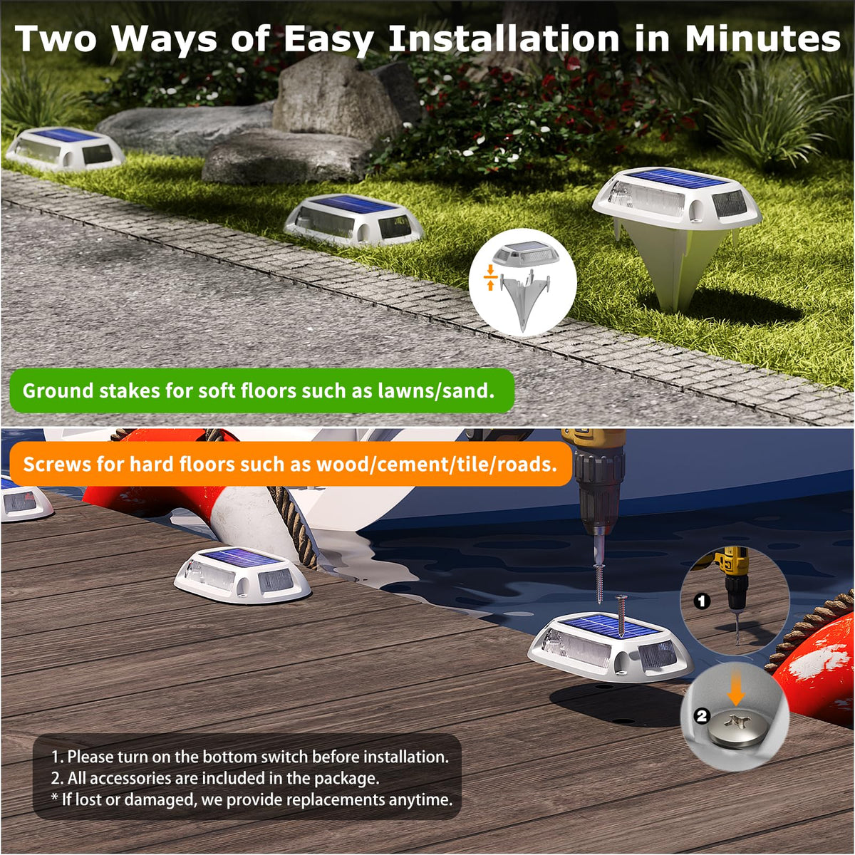 VIODAIM easy installation with screws or ground stakes, no wiring needed.