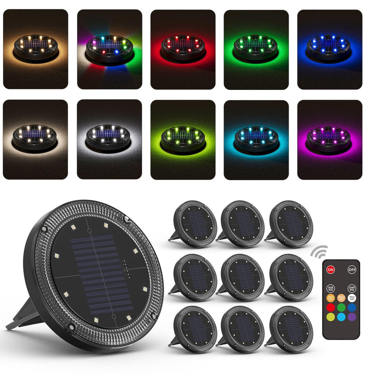 VIODAIM color-changing solar ground light with remote control for versatile yard ambiance.