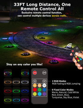 VIODAIM flat solar disk light with 33ft remote for effortless outdoor control.