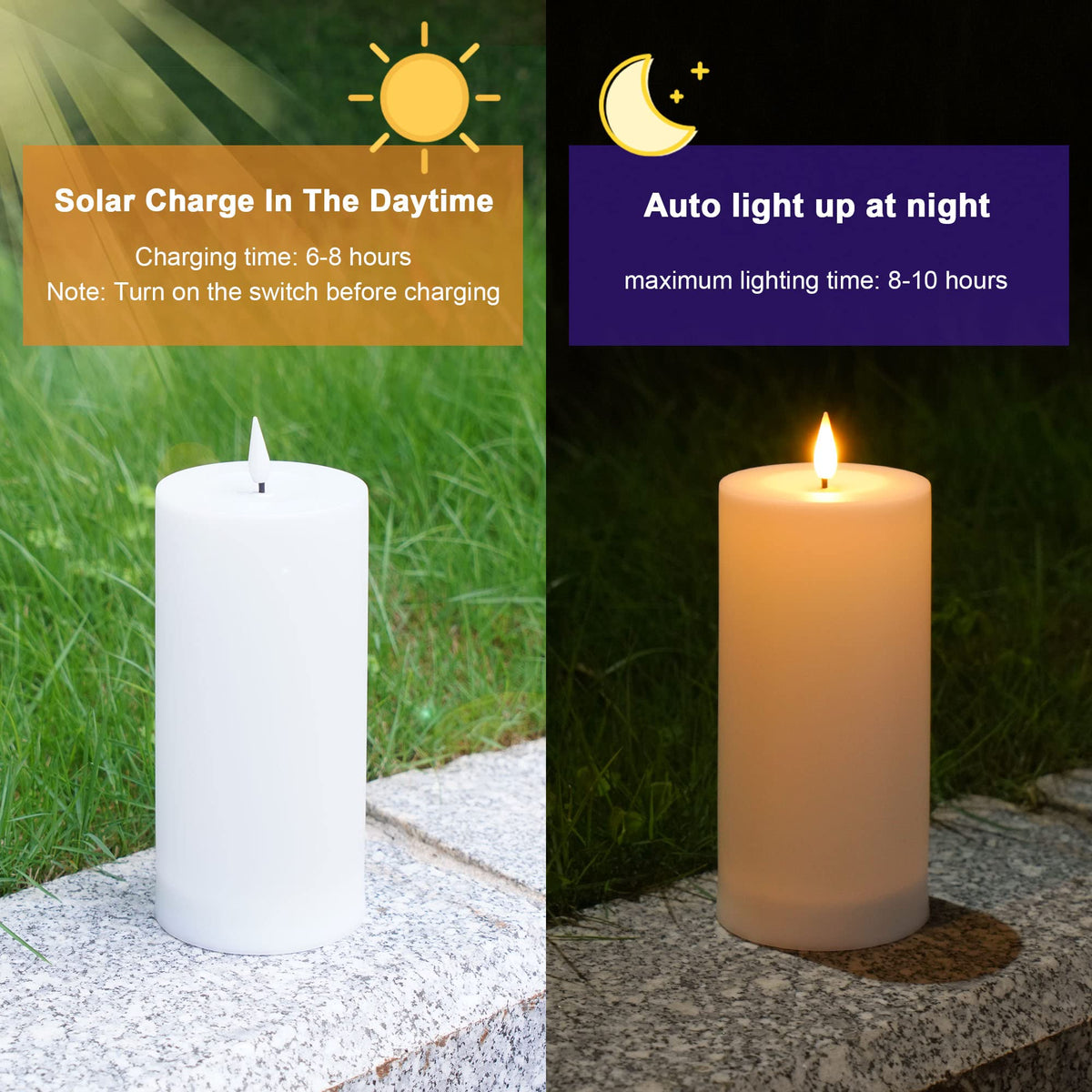VIODAIM 5-inch pillar solar candle lights patios with warm glow.
