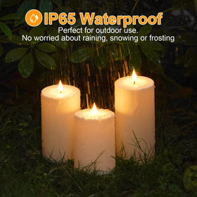 VIODAIM 6-inch pillar solar candle provides dusk-to-dawn outdoor illumination.