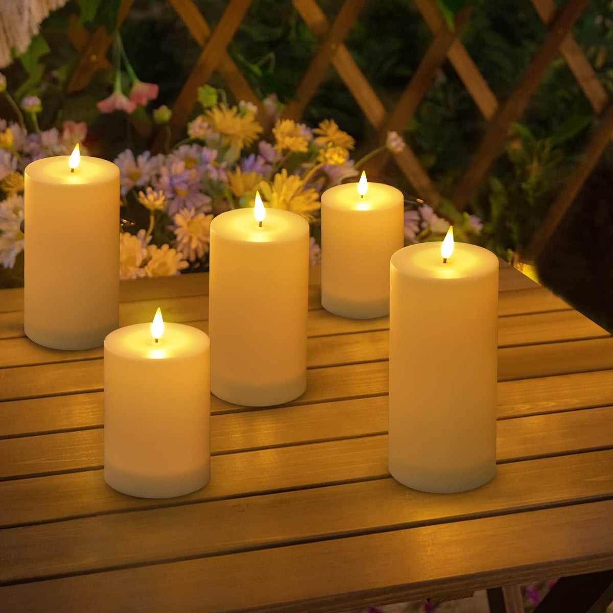 VIODAIM outdoor flameless candle with auto on/off sensor for effortless evenings.