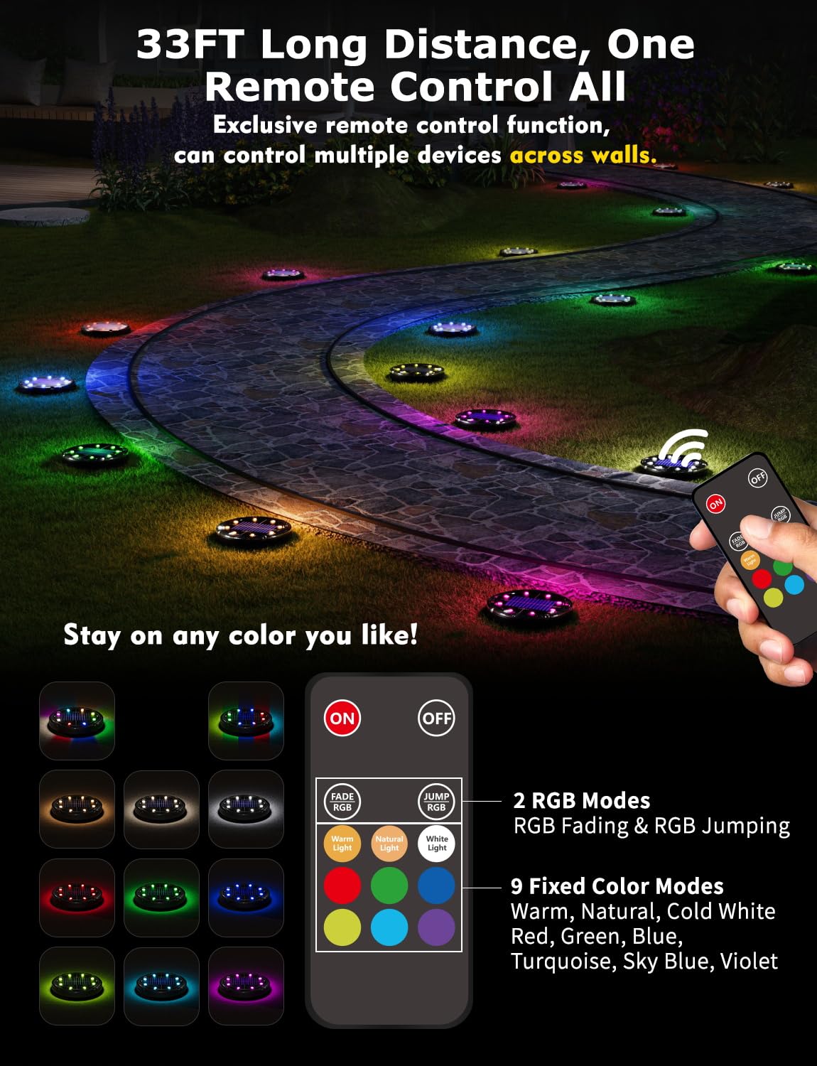 VIODAIM solar ground light with RGB fade modes for versatile outdoor ambiance