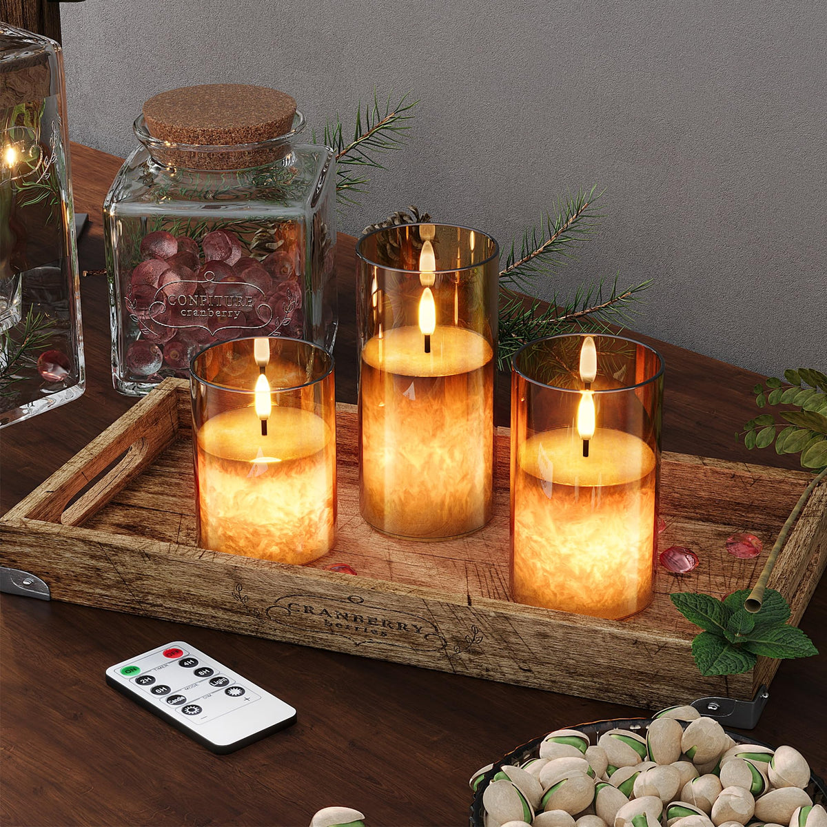 VIODAIM set of 3 gold flameless candles for weddings and home decor.
