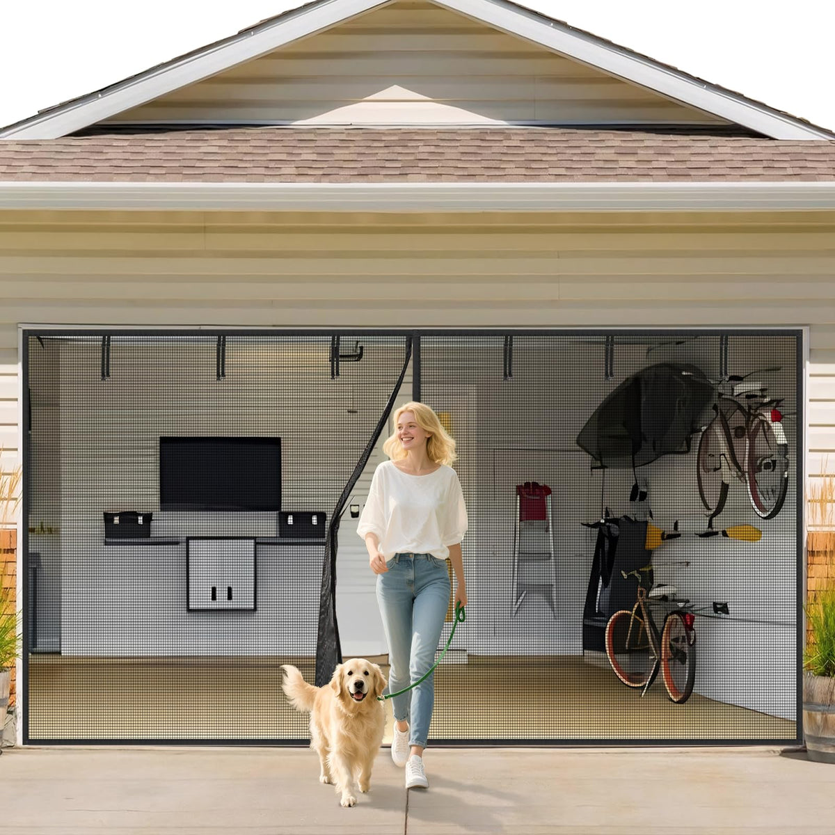 VIOMORL garage screen 16x7ft mounted for insect-free airflow.