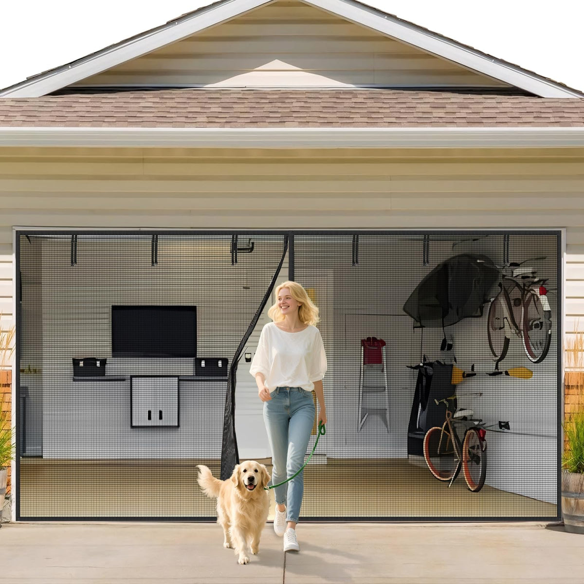 VIOMORL garage door screen 8x7ft showing seamless entry and insect protection
