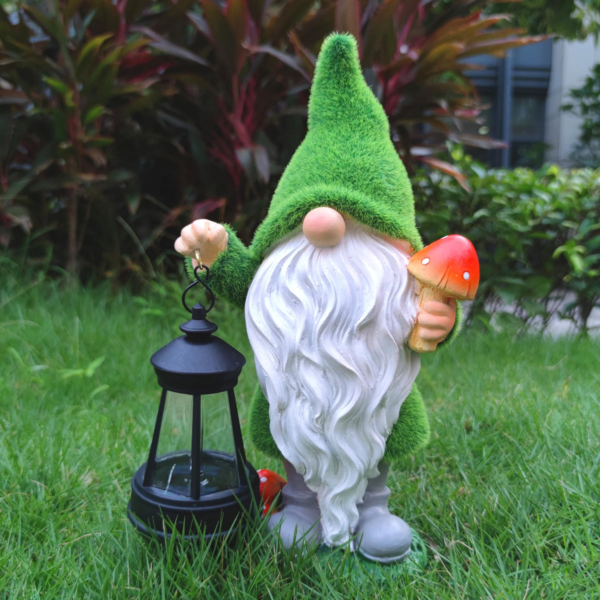 VIOYOUNS resin gnome holding mushroom adds playful garden charm
