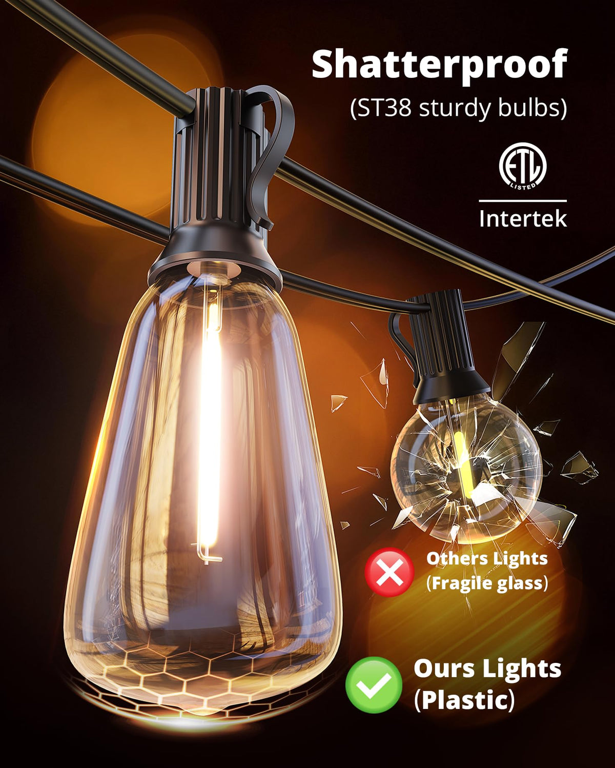 VIPAR Edison ST38 2700K warm white bulbs glow softly outdoors