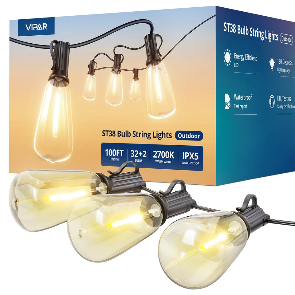 VIPAR LED outdoor string lights illuminate a 100ft space with 32 warm bulbs.