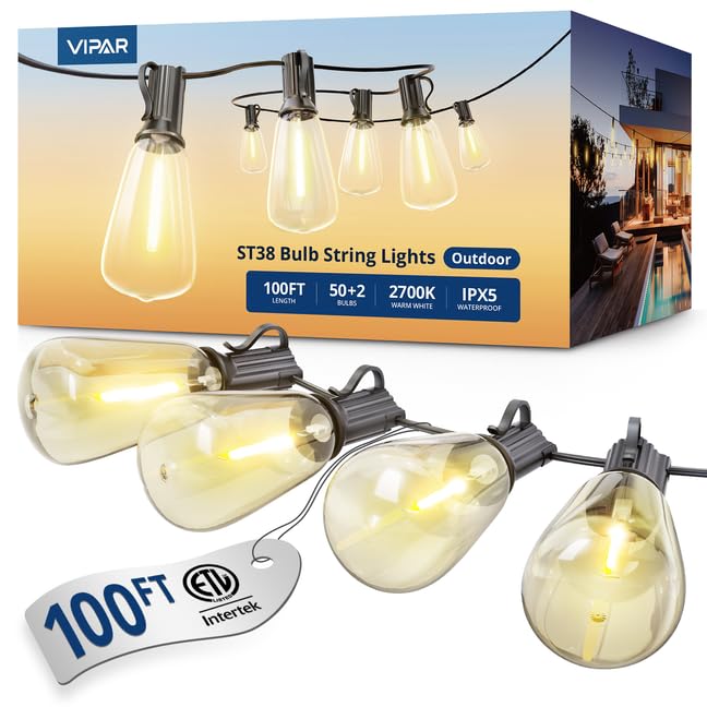 VIPAR outdoor string lights with 50 shatterproof bulbs for durable backyard lighting