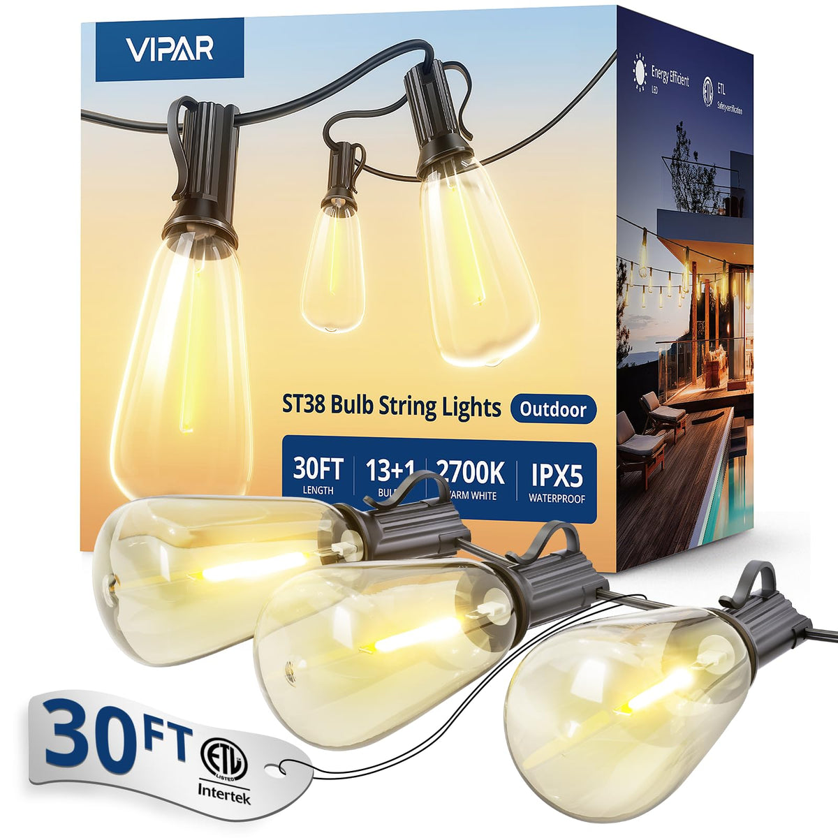 VIPAR outdoor string lights 30ft with 13 bulbs for warm backyard ambiance