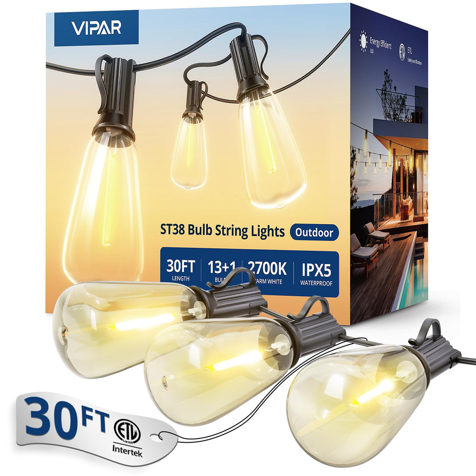 VIPAR outdoor string lights 30ft with 13 bulbs for warm backyard ambiance