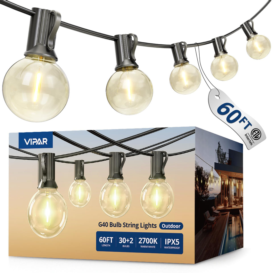 VIPAR outdoor string lights 60ft with 32 G40 bulbs for cozy backyard ambiance