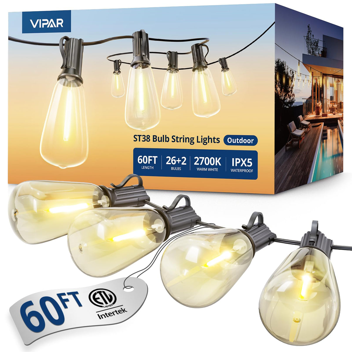 VIPAR Outdoor String Lights illuminating a large patio with a 60ft span