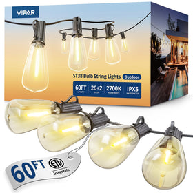 VIPAR Outdoor String Lights illuminating a large patio with a 60ft span