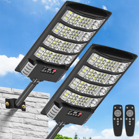 Vipzon solar lights with wide-area brightness illuminate parking lots and driveways.