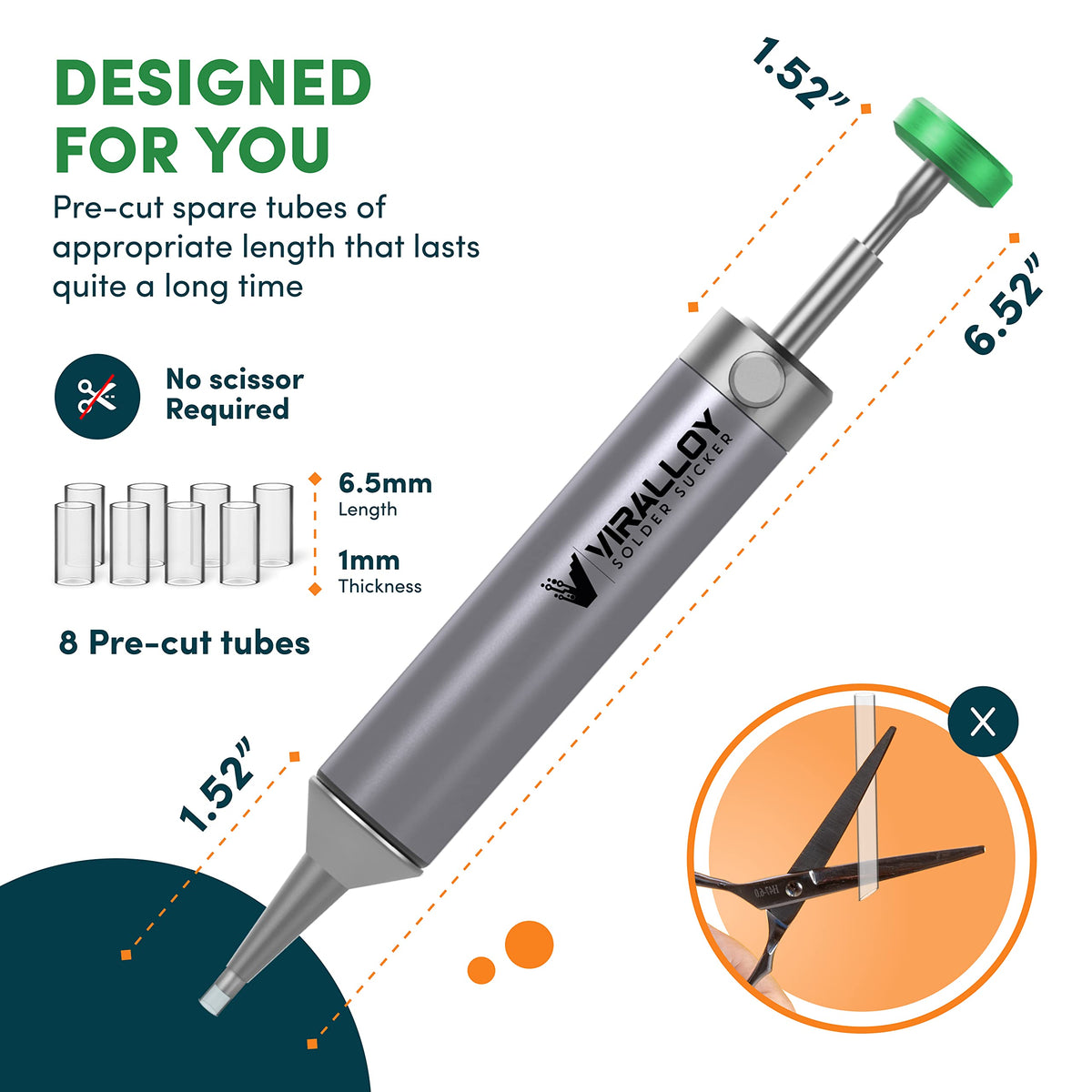 VIRALLOY desoldering pump is one-handed and cordless for on-the-go electronics repair.