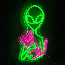Virlusy alien cat neon sign glowing softly for bedroom ambience