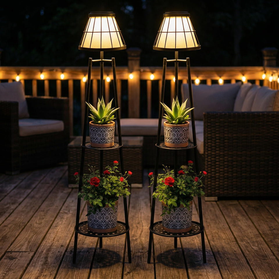 VISFLAIR solar floor lamp outdoor with integrated plant stand for ambient evenings.