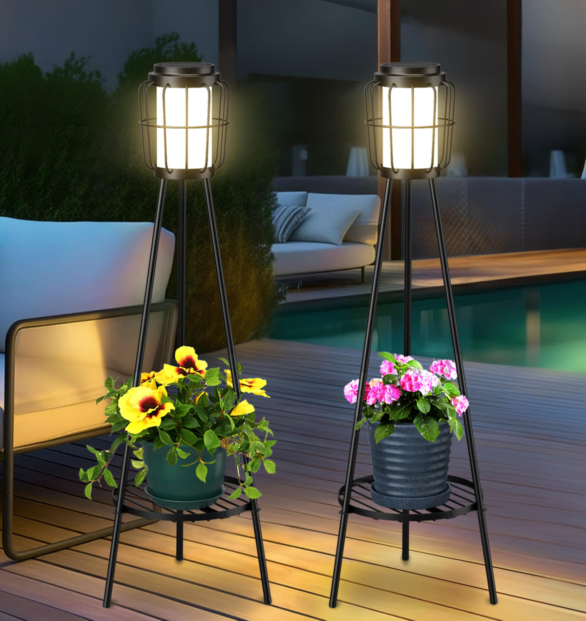 VISFLAIR solar lights with plant stand illuminate the patio for a welcoming outdoor vibe