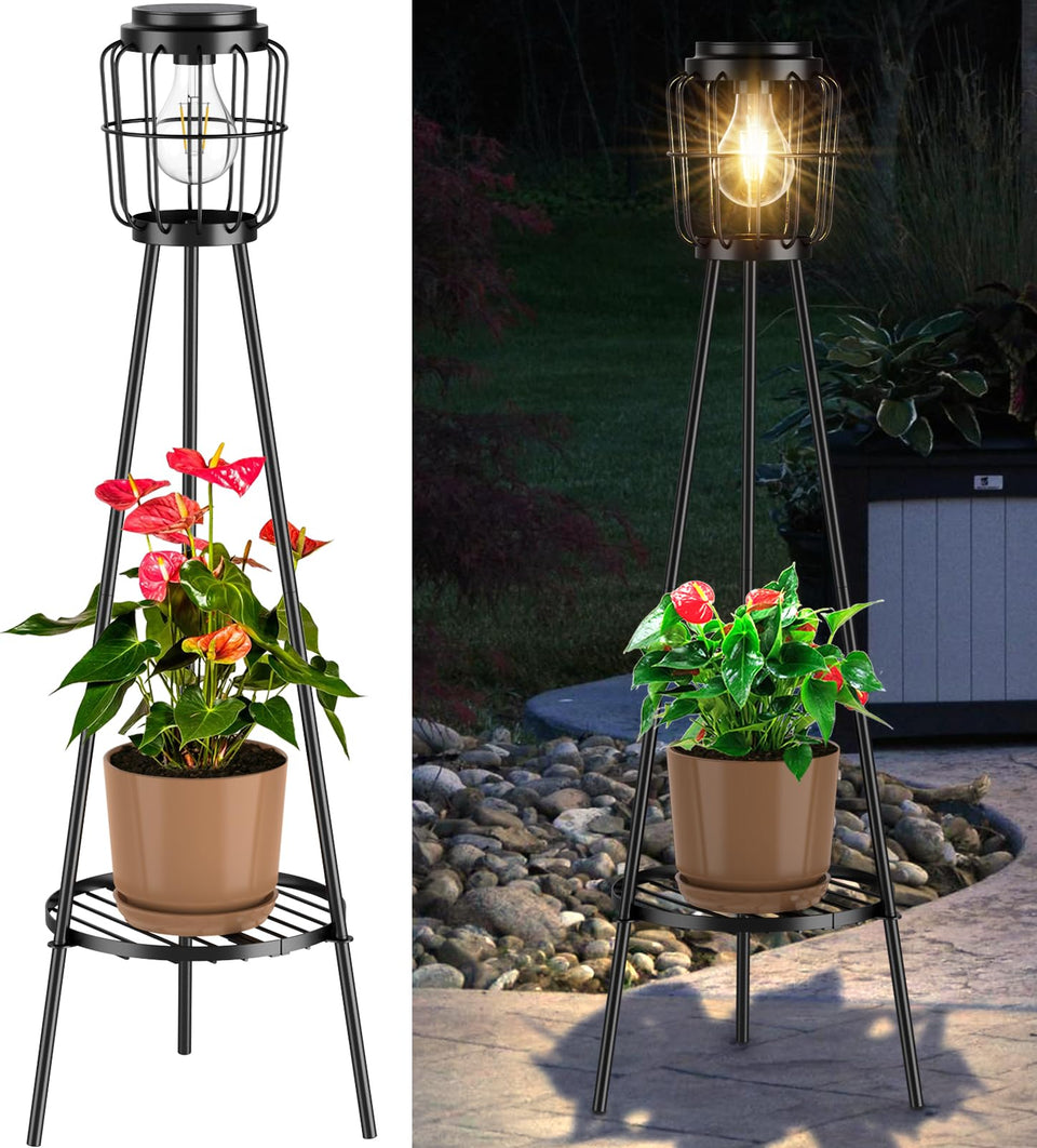 VISFLAIR solar lights with plant stand lighting outdoor spaces at night.