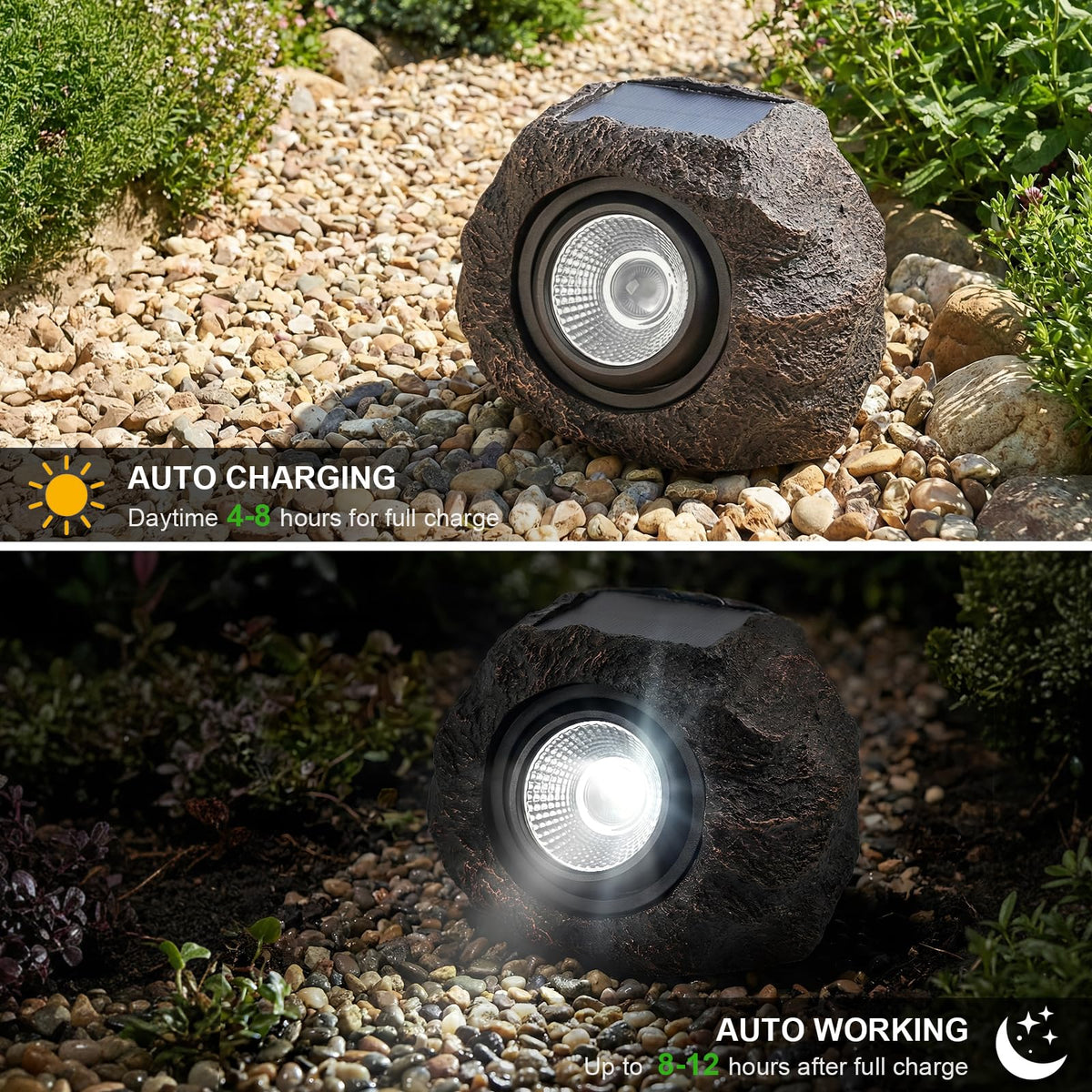 VISFLAIR Solar Rock Lights with dusk-to-dawn sensor for effortless nighttime illumination.