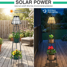 VISFLAIR two-tier plant stand holds flowers while illuminating your deck at dusk.