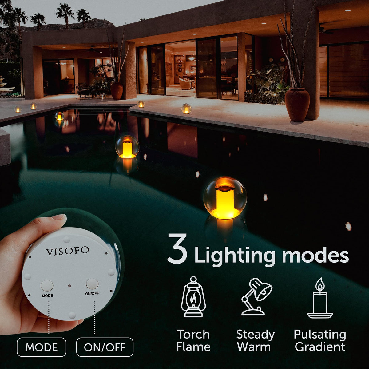VISOFO outdoor lantern on a patio with candle like flame effect.
