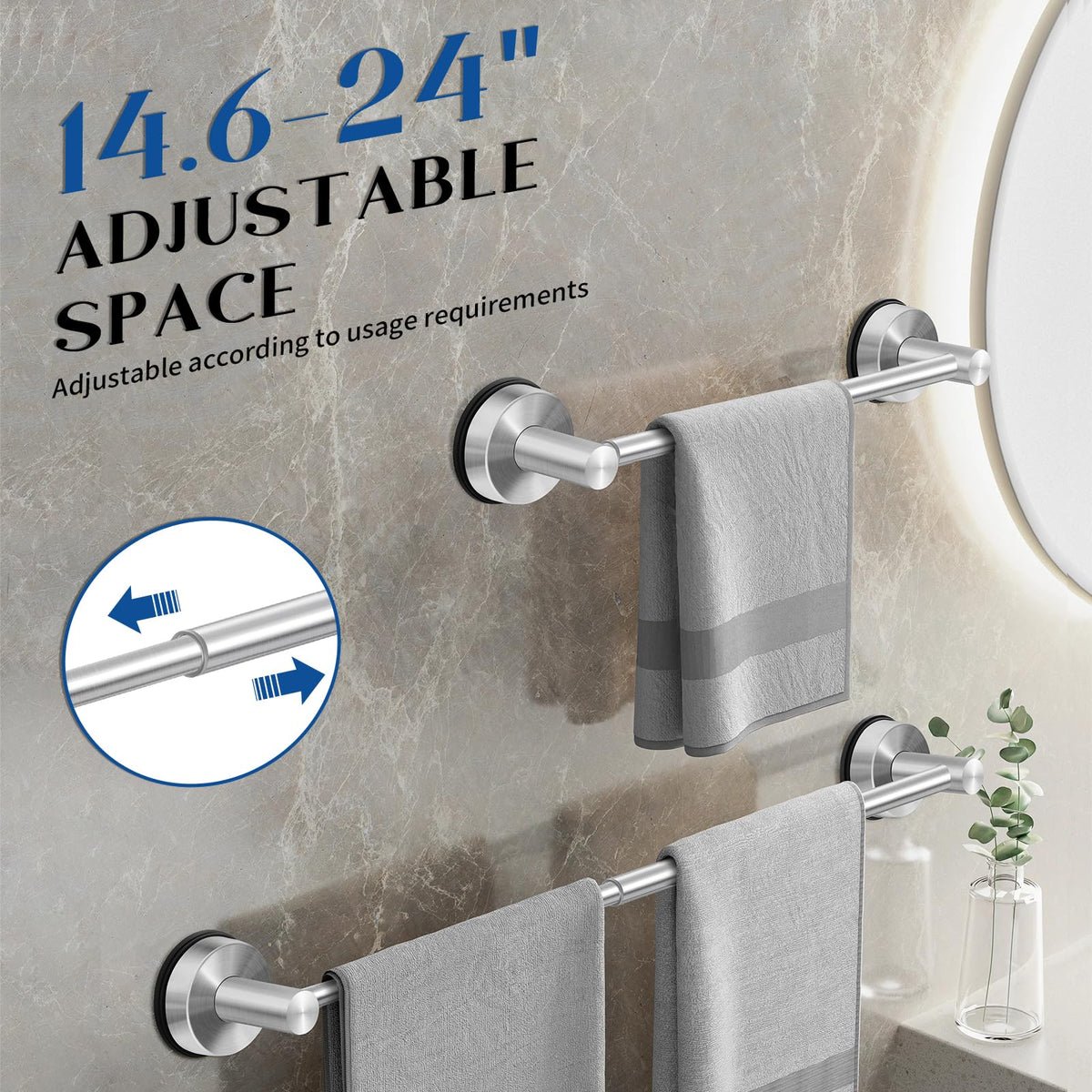 Vitaloom silicone suction cups grip tiles and glass securely for towels.