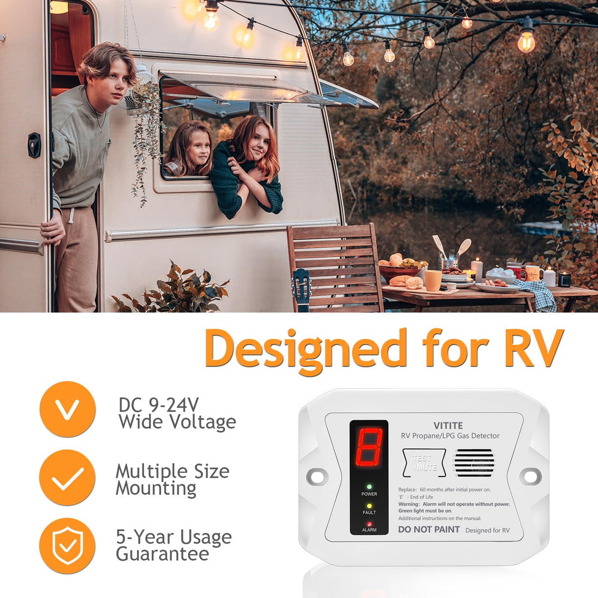 VITITE RV propane detector digital display shows real-time LPG levels for quick awareness.