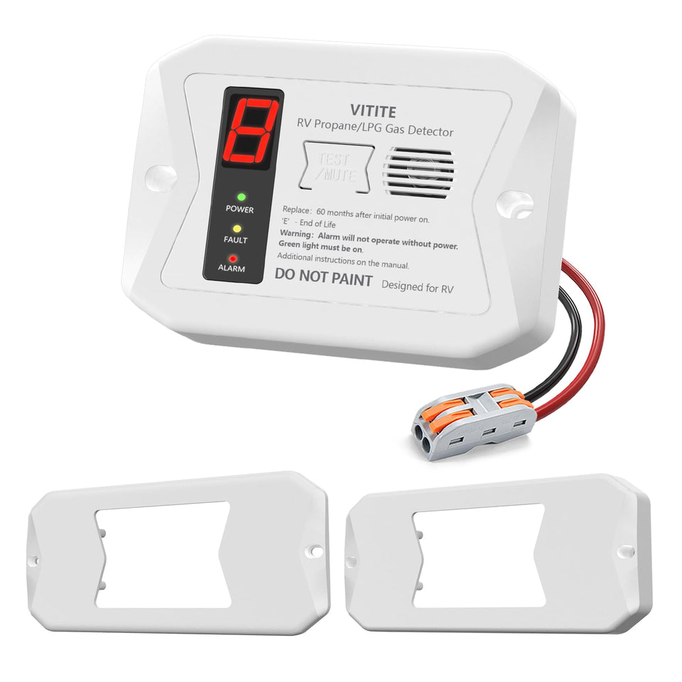 VITITE RV propane detector front view highlighting reliable leak sensing for safe travel.