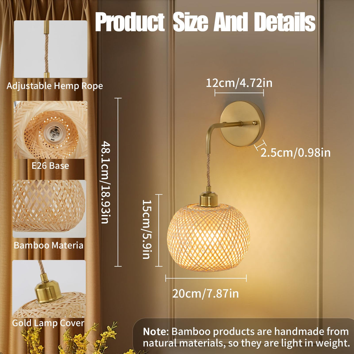 Vitnucrol boho rattan wall sconce with gold bracket adds warm farmhouse charm.